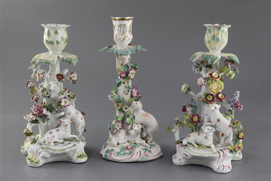 Three early Derby candlestick groups, c.1758-60, 22.5cm and 23.5cm, restoration